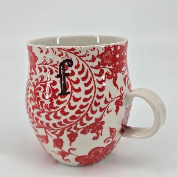 Anthropologie Monogram Initial "F" Homegrown Whimsical Floral Red Mug 14oz - Picture 10 of 10